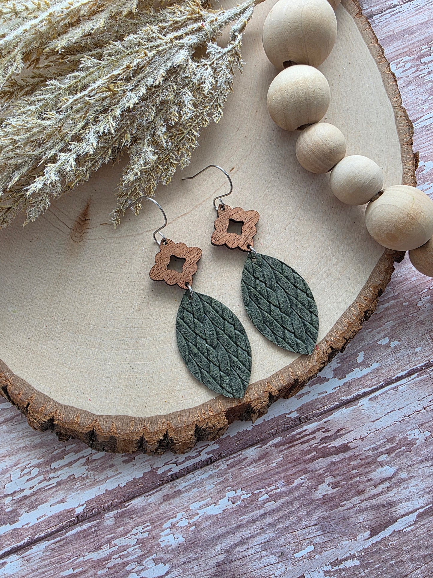 Dark Olive Green Leather Leaf Earrings