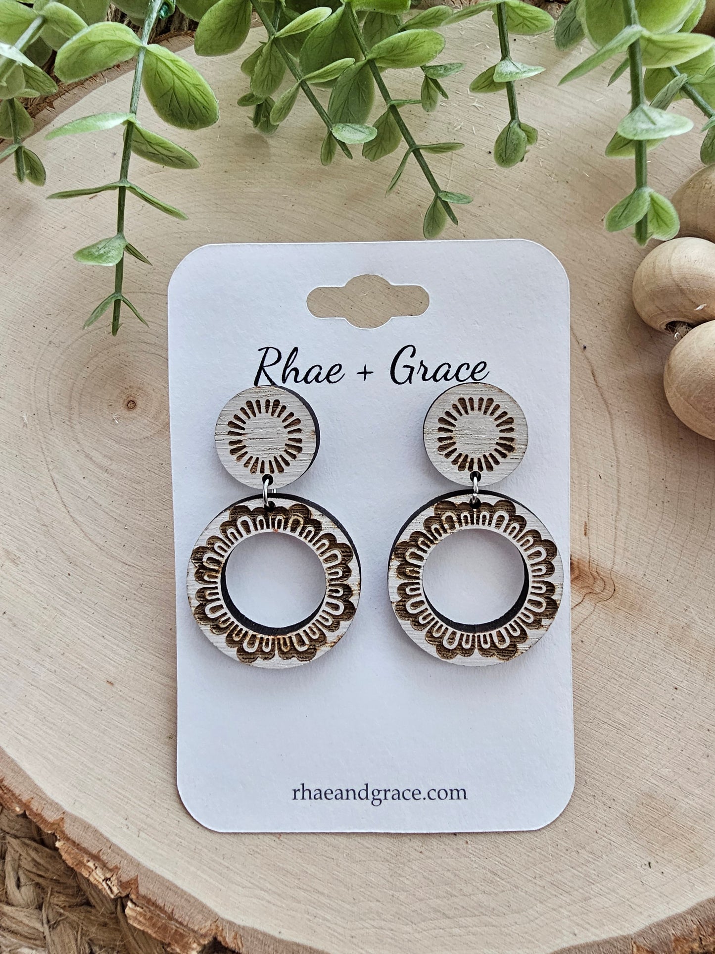 Whitewashed Art Deco Wood Hoop Earrings