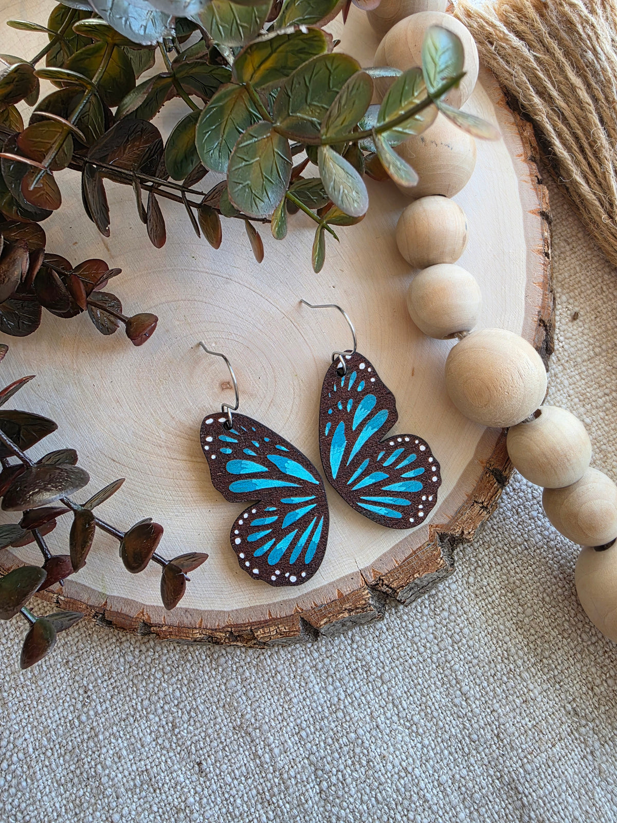 Blue Morpho Butterfly Wing Wood Earrings