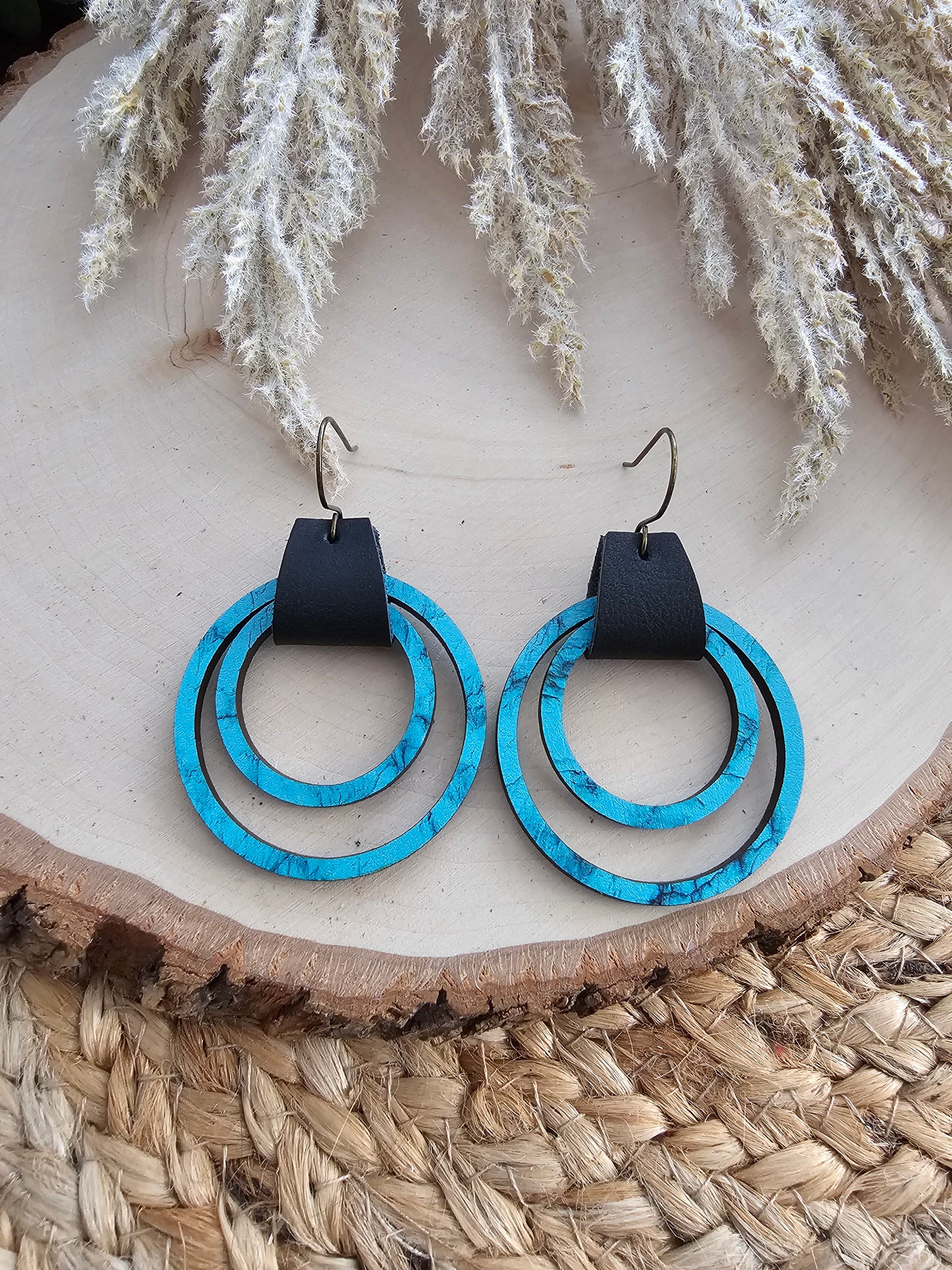 Turqouise & Black Leather & Wood Hoop Earrings