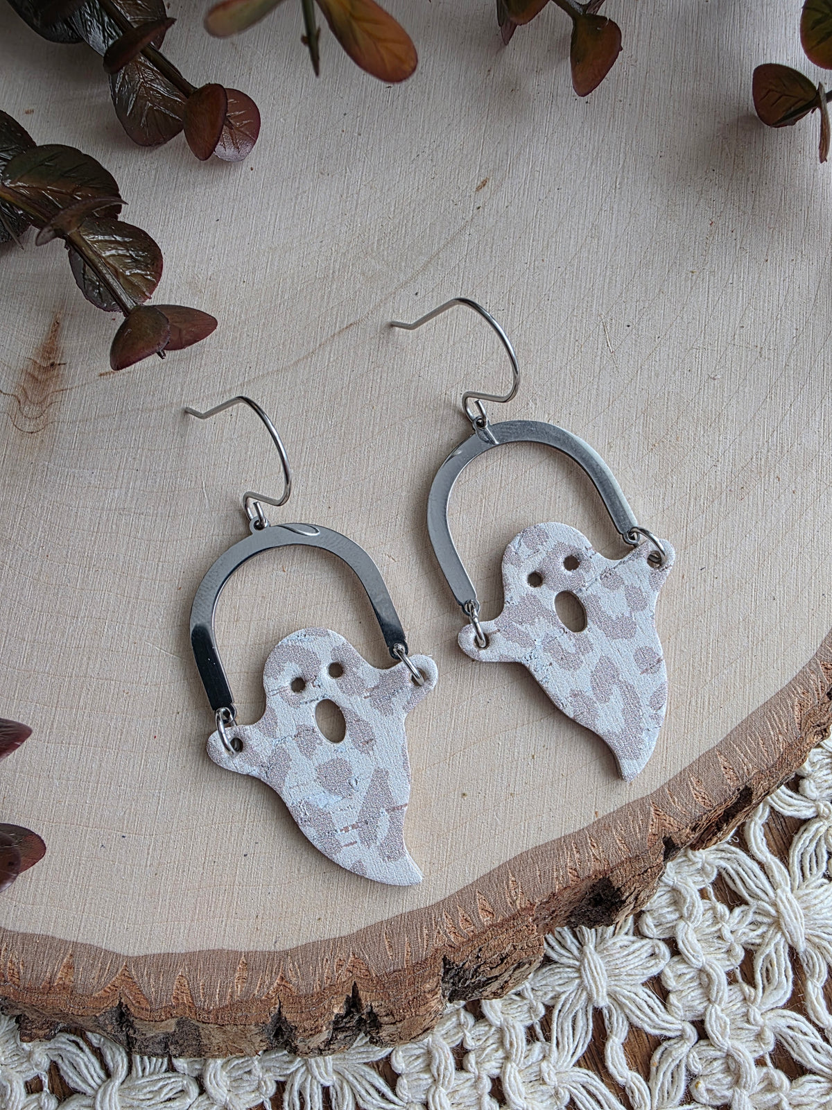 White & Grey Leopard Print Arched Ghost Earrings