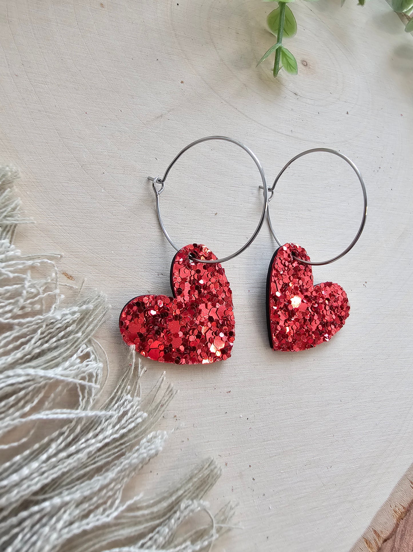 Red Glitter Small Heart Hoop Earrings