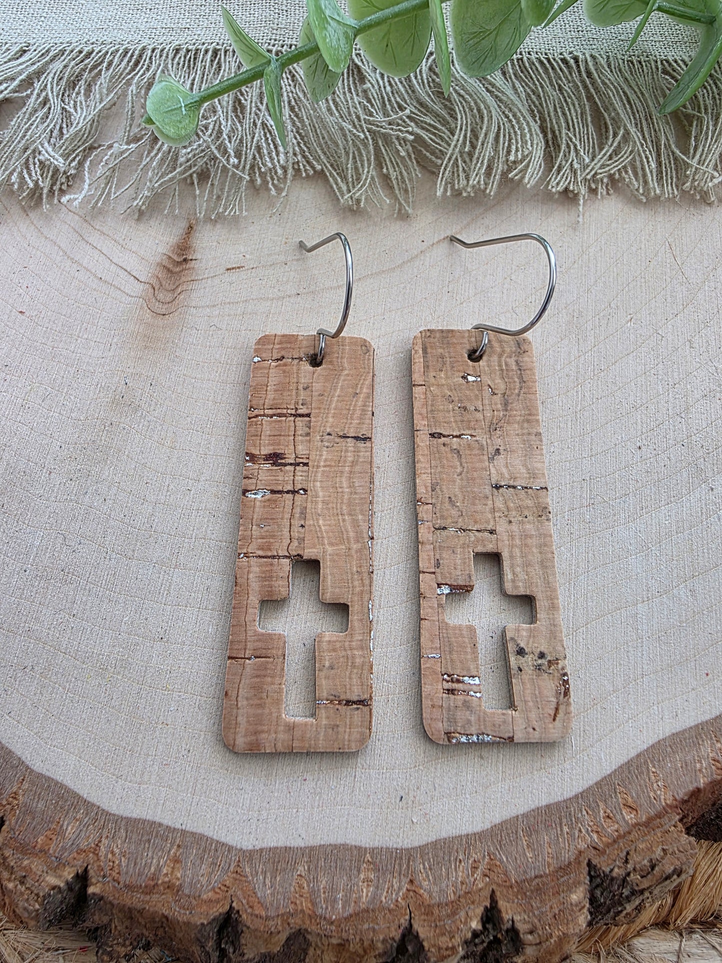 Natural Cork Silver Cross Cutout Bar Earrings