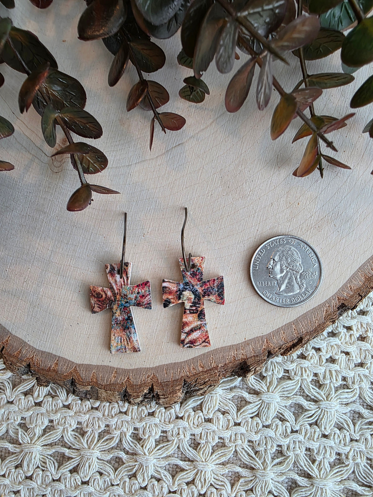 Dainty Rustic Autumn Dye Cross Earrings