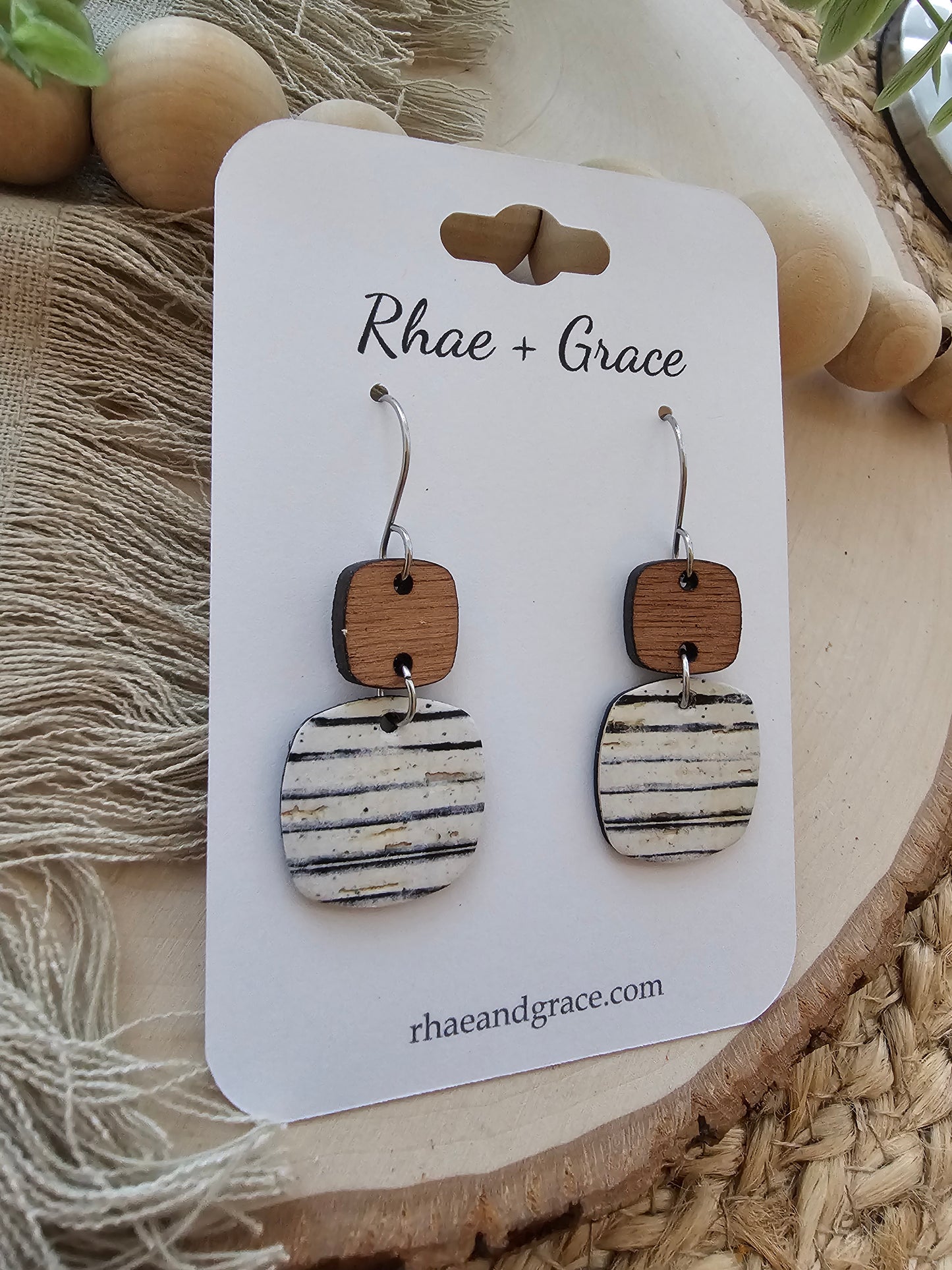 Black & White Vintage Pinstripe Rounded Square Earrings