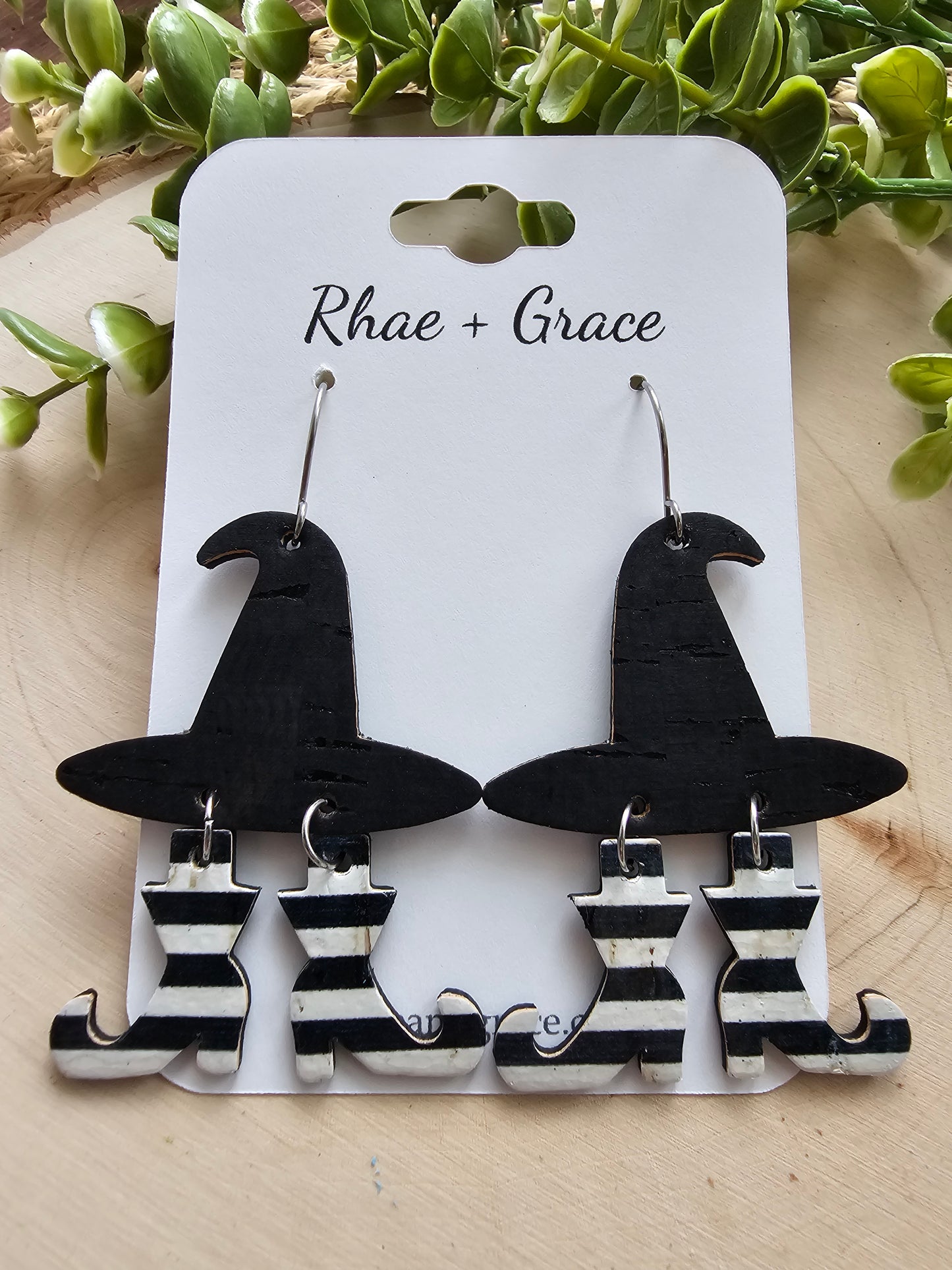 Witch Hat Black & White Striped Boots Earrings