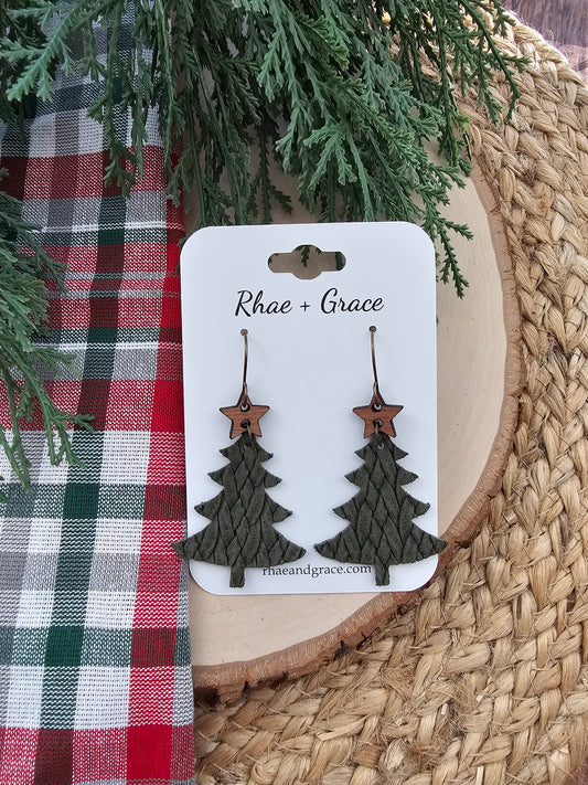 Olive Green Braided Christmas Tree Earrings