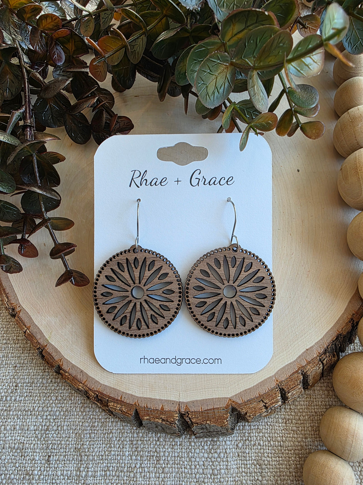 Intricate Radial Round Wood Earrings