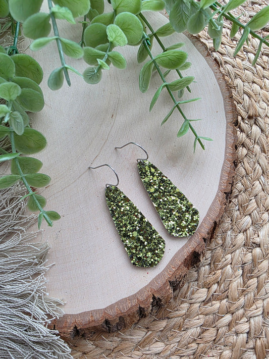Avocado Green Glitter Skinny Drop Earrings