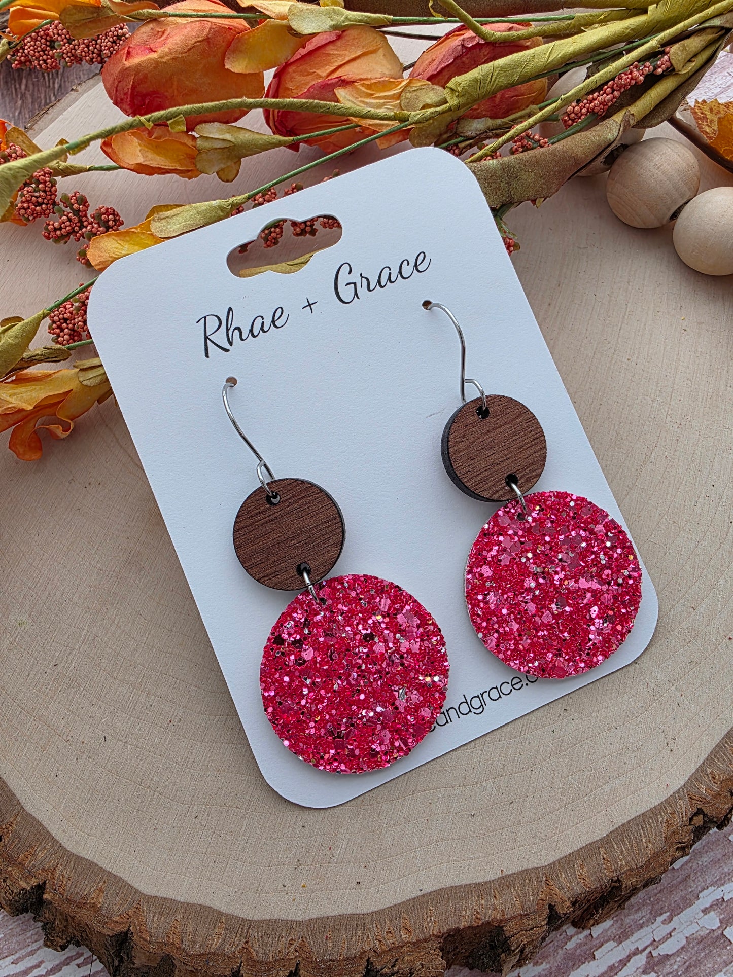Coral Glitter Circle Drop Earrings
