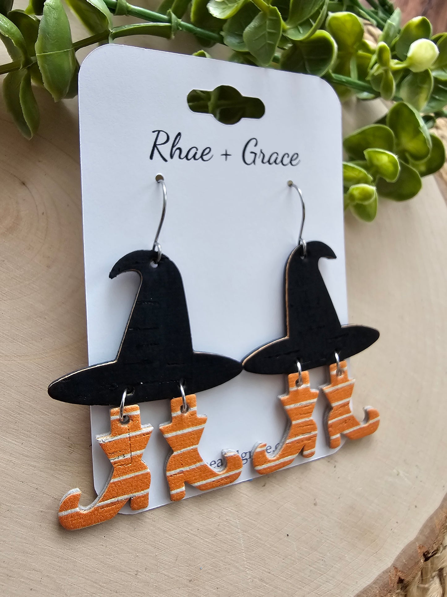 Witch Hat Orange & White Striped Boots Earrings
