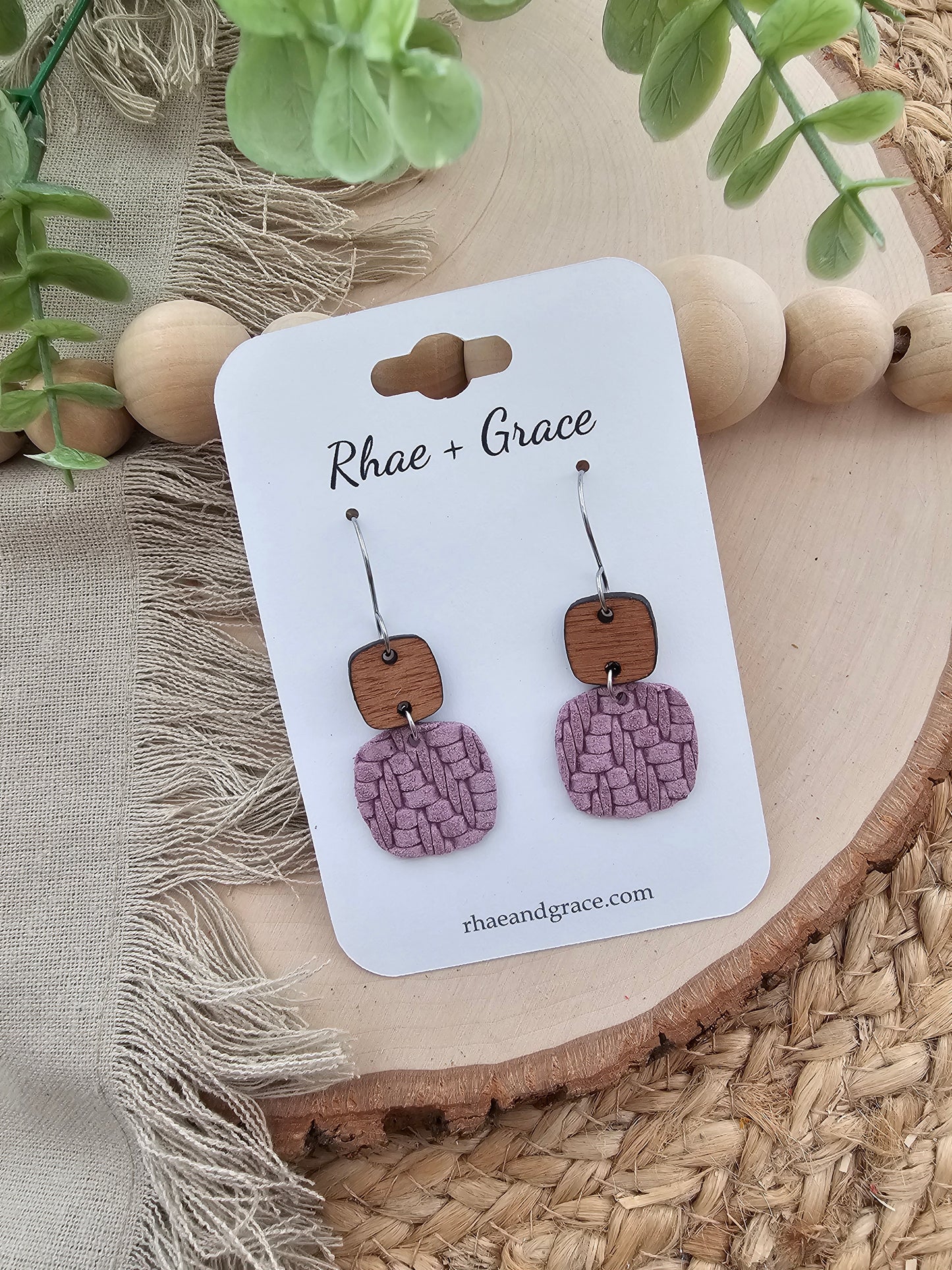 Lavender Purple Knit Embossed Braid Rounded Square Earrings