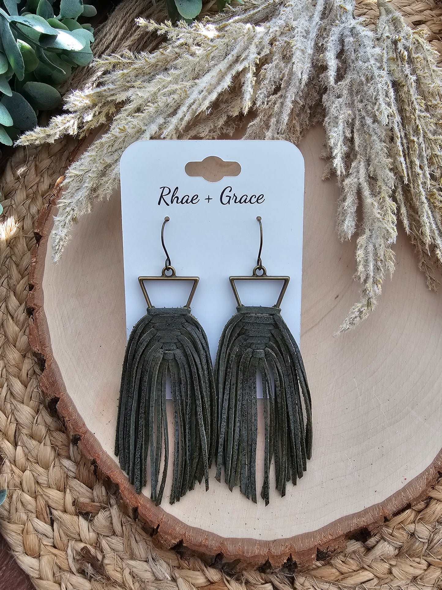 Olive Green Leather Woven Triangle Fringe Statement Earrings