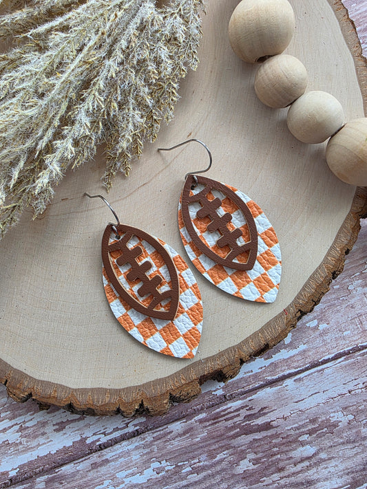 Orange & White Checkered Layered Leather Football Earrings