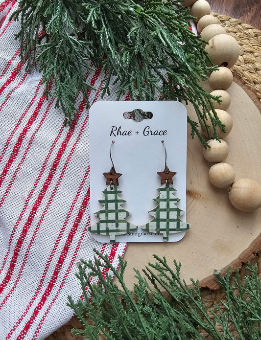 Green Farmhouse Plaid Christmas Tree Earrings