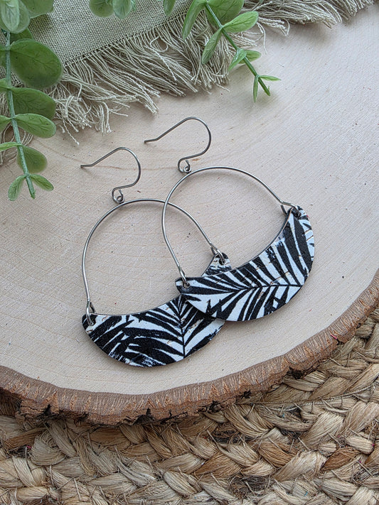 Monochrome Palms Crescent Hoop Leather Earrings