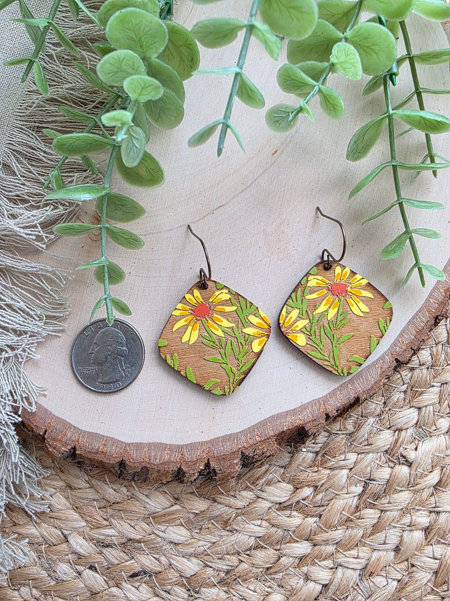 Handpainted Floral Wood Earrings