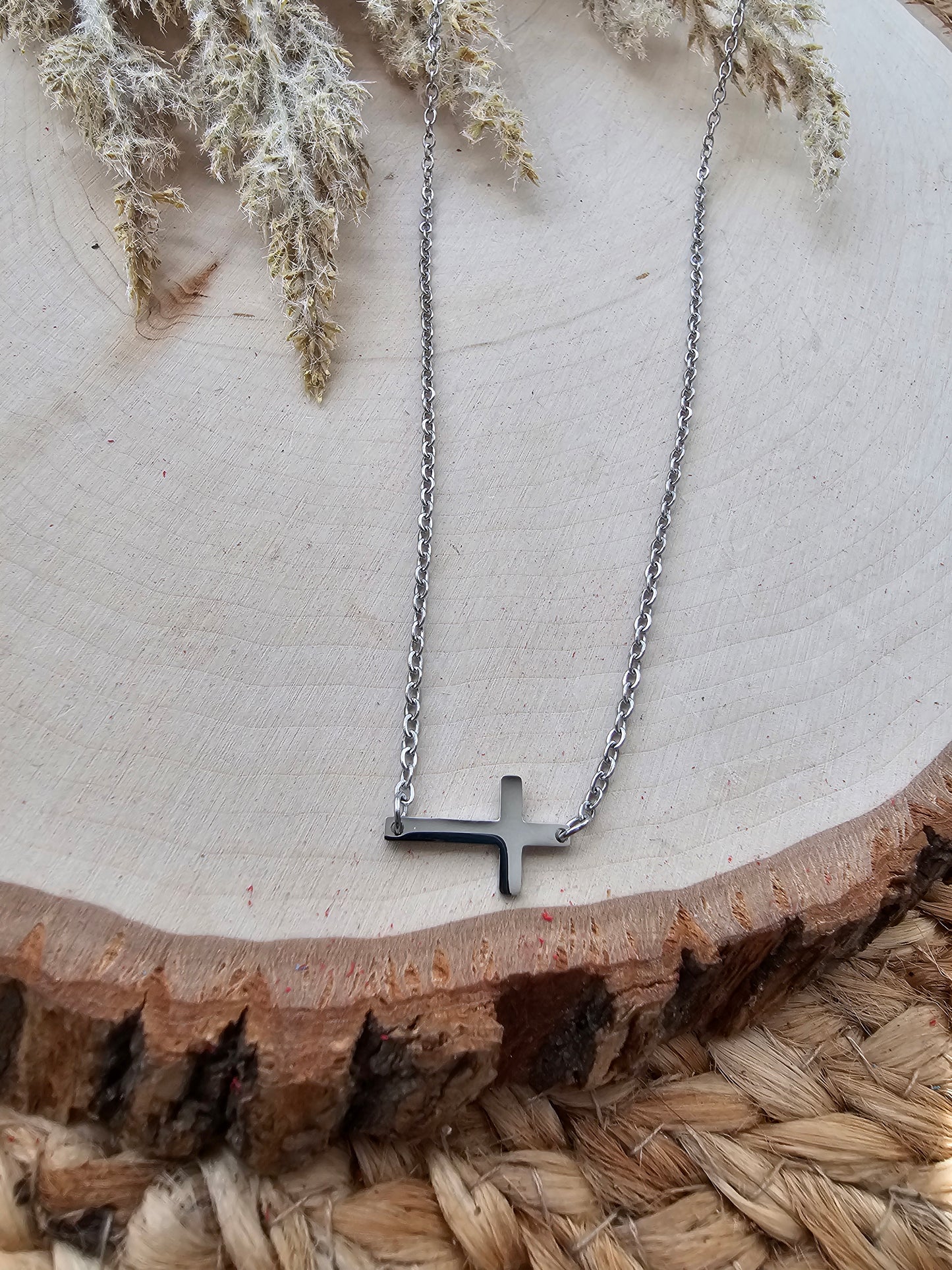 Dainty Sideways Cross Necklace - Silver Stainless Steel