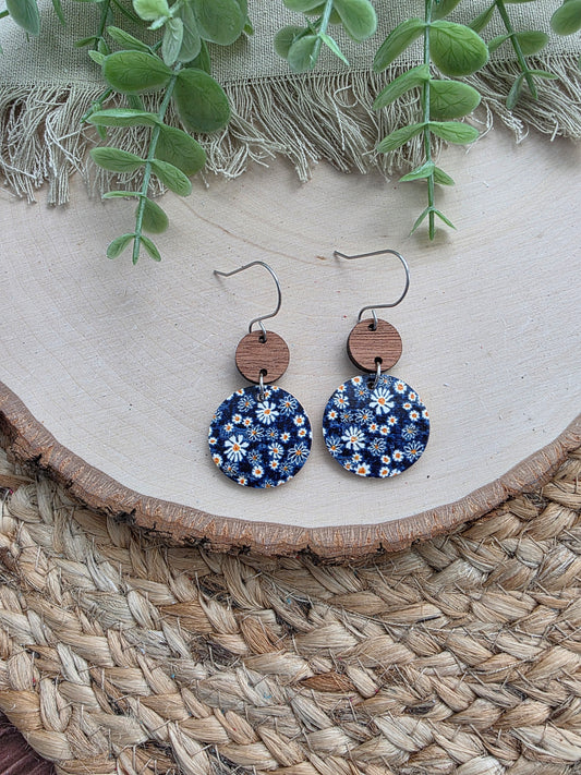Tiny Daisies on Navy Blue Floral Circle Earrings