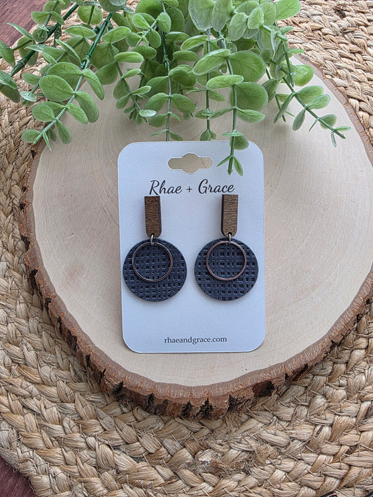 Navy Blue Embossed Linen Circle Earrings