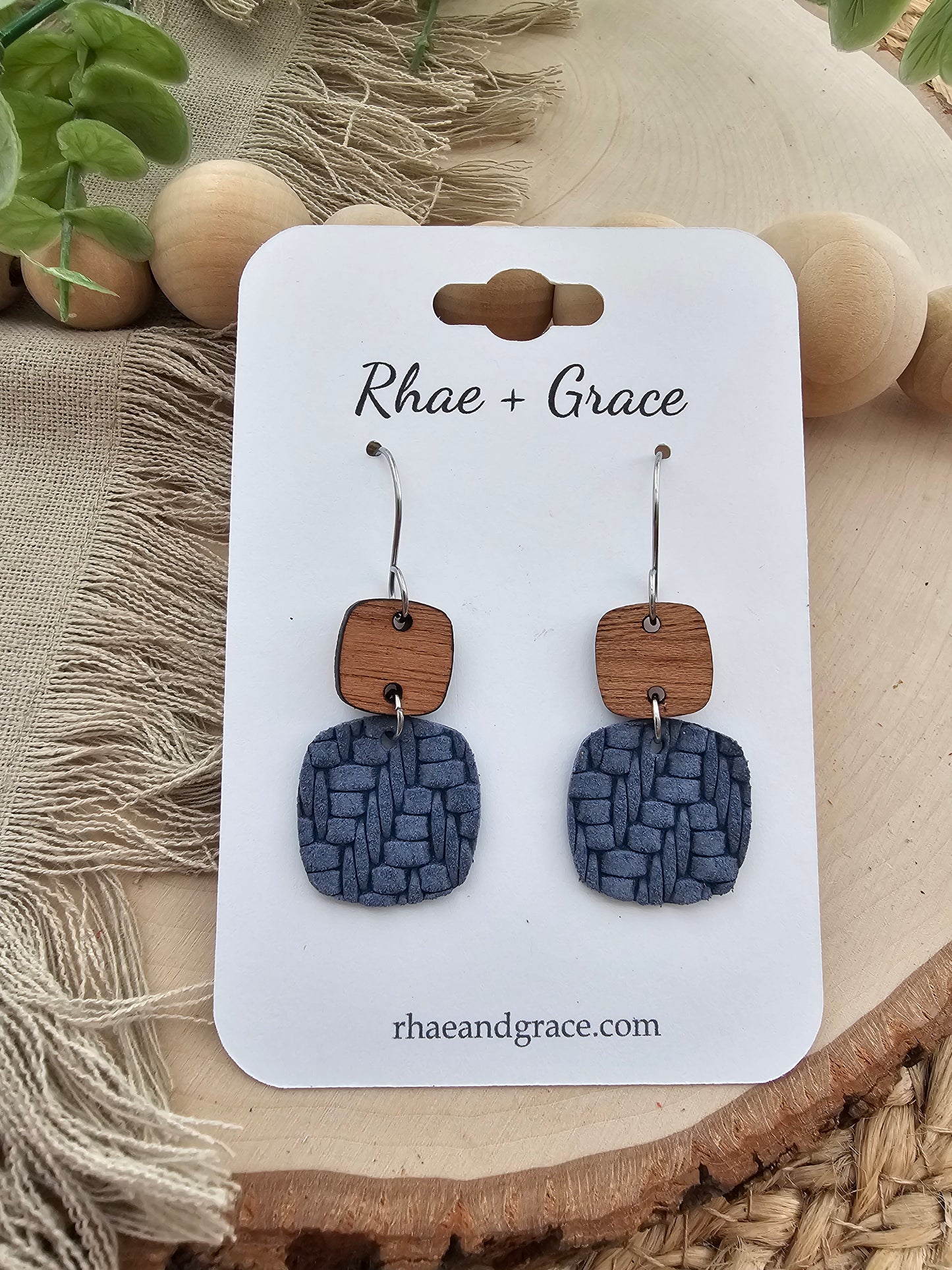 Denim Blue Knit Embossed Braid Rounded Square Earrings