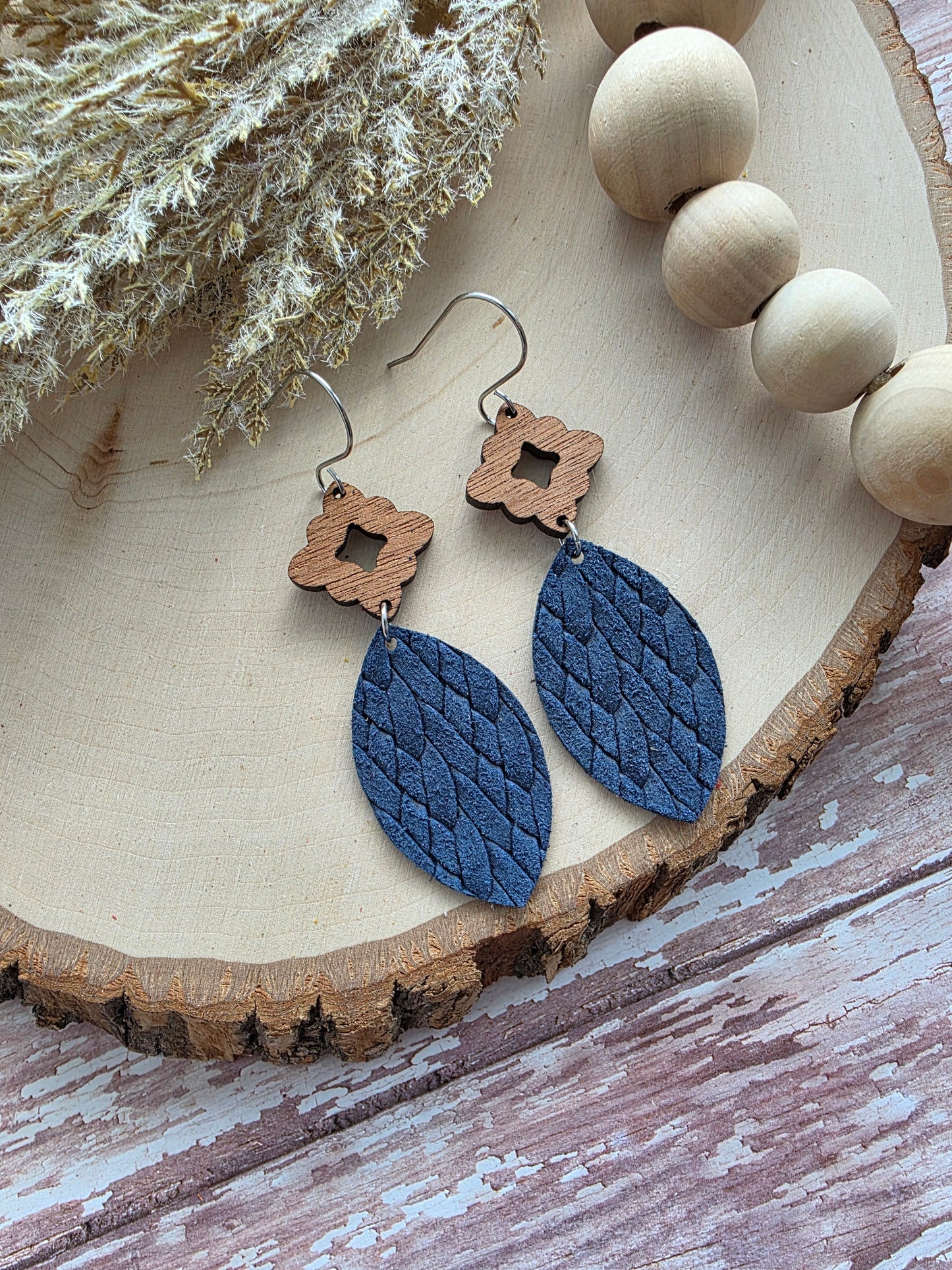 Navy Blue Leather Leaf Earrings