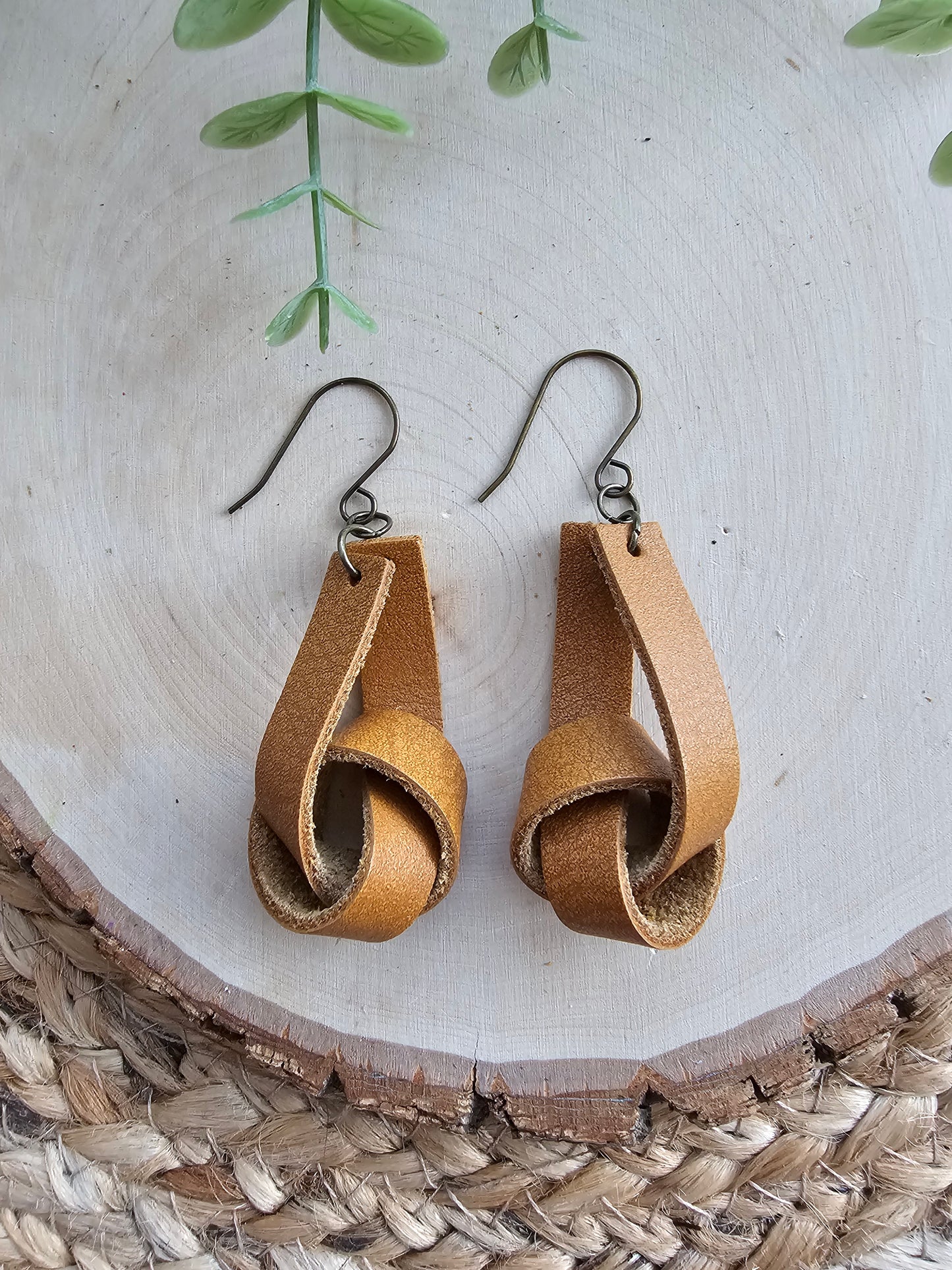 Honey Brown Wide Leather Knot Earrings