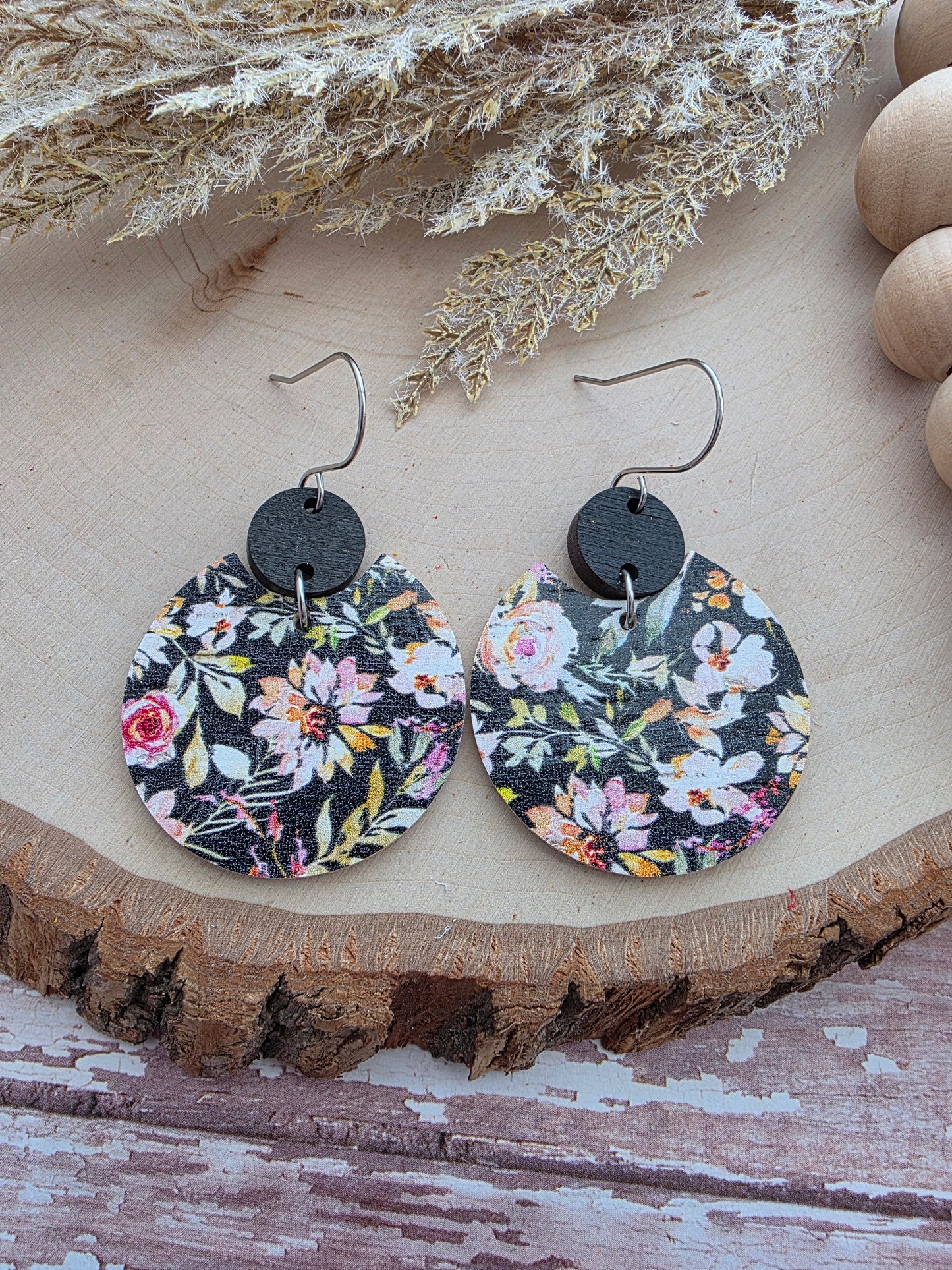 Autumn Dahlia on Black Circle Earrings