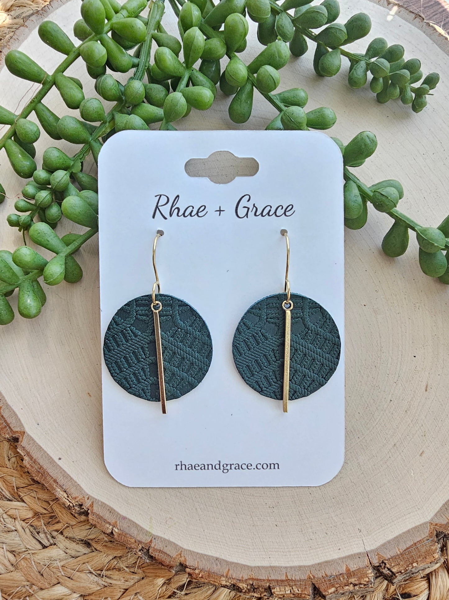 Forest Green & Gold Embossed Circle Drop Earrings