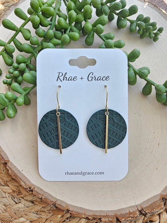 Forest Green & Gold Embossed Circle Drop Earrings