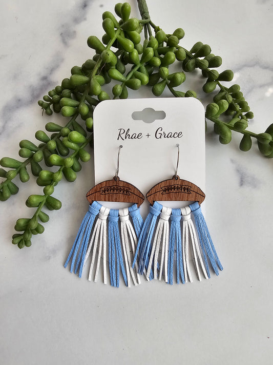 Carolina Blue & White Leather Fringe Football Statement Earrings