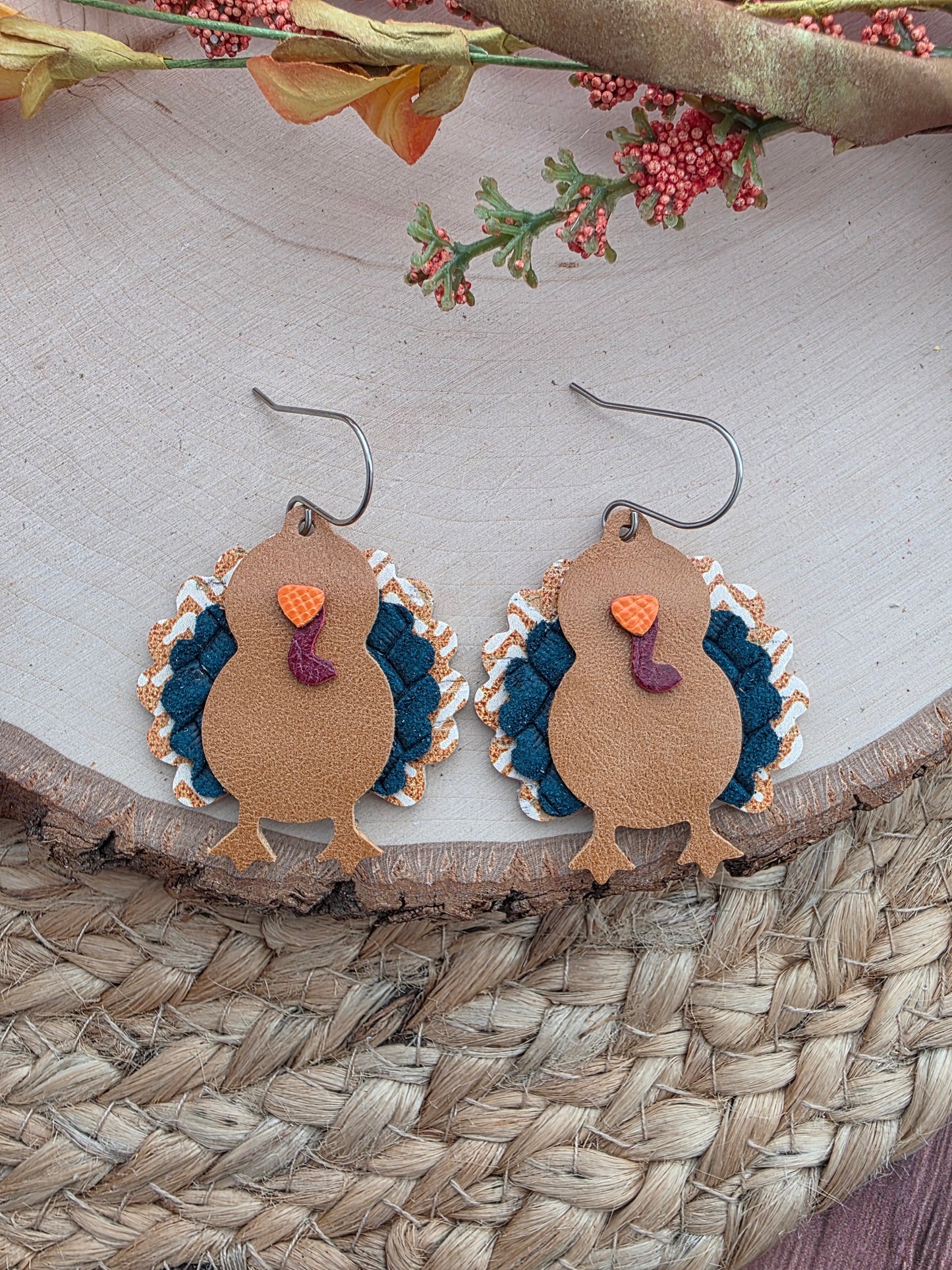 Mustard Chevron & Teal Turkey Earrings