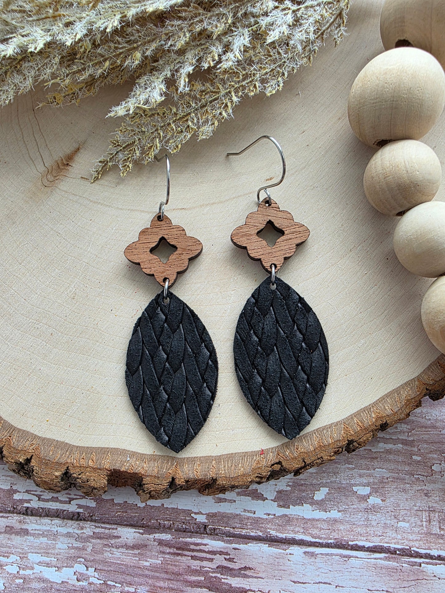 Black Leather Leaf Earrings