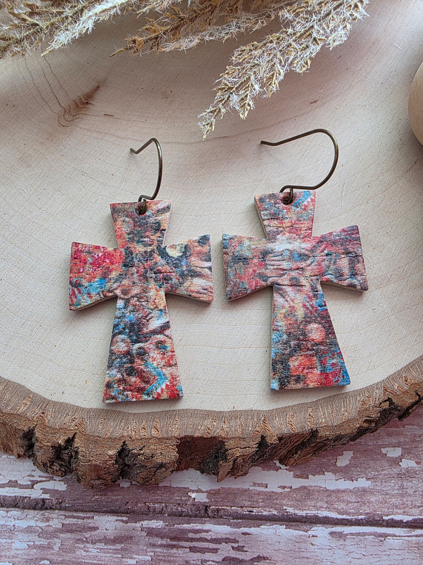 Rustic Autumn Dye Cross Earrings