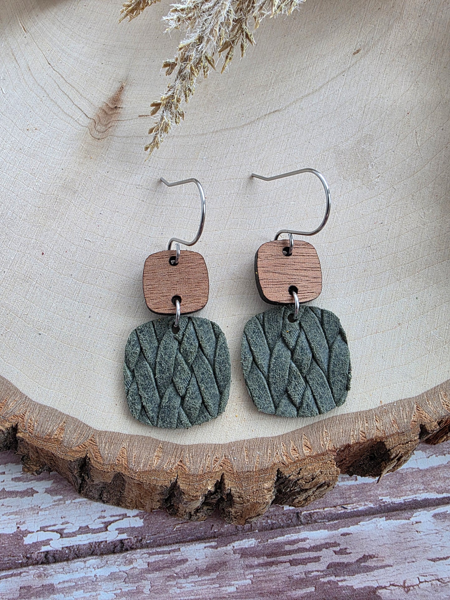 Dark Olive Green Braid Embossed Rounded Square Earrings