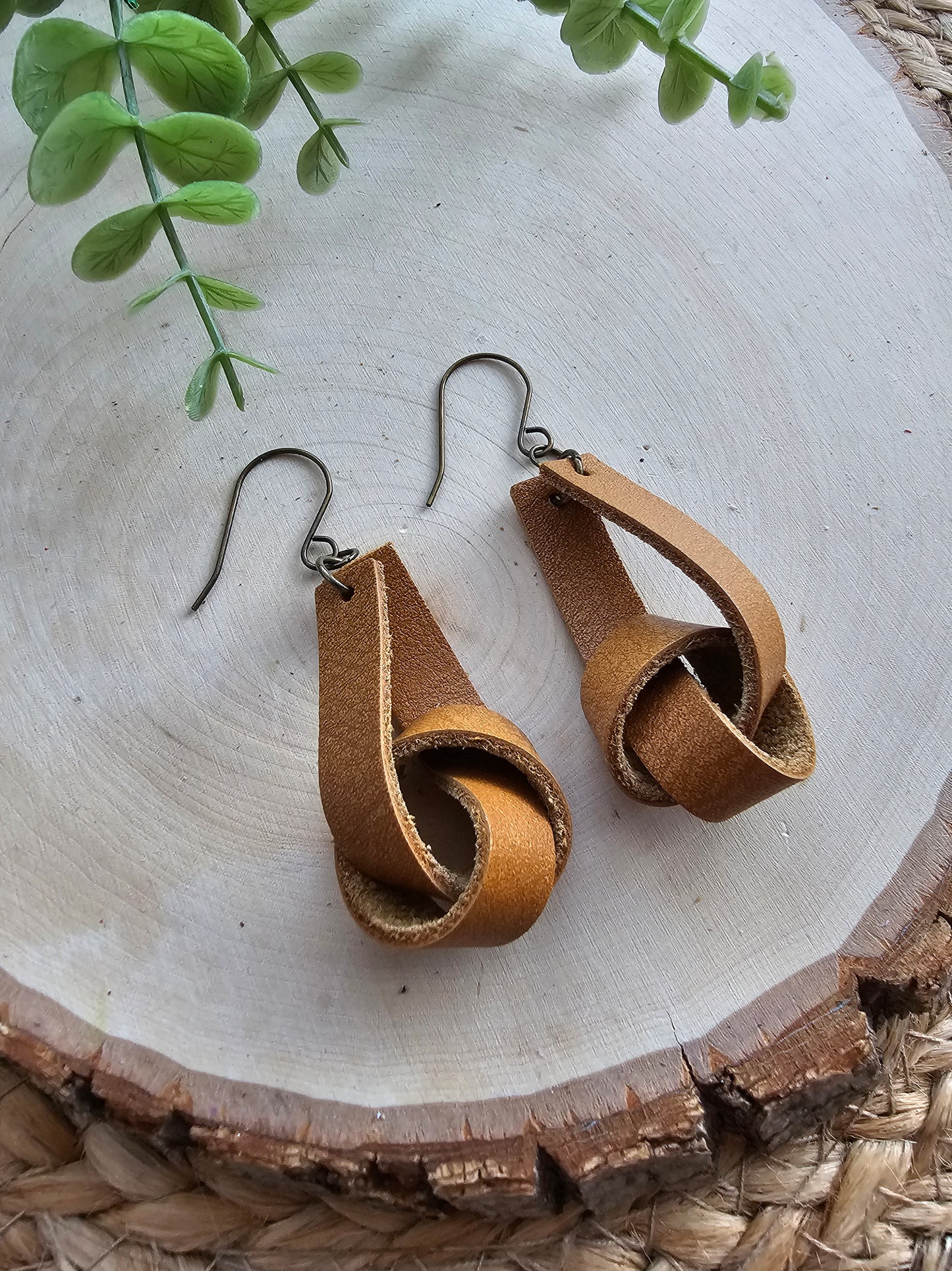 Honey Brown Wide Leather Knot Earrings