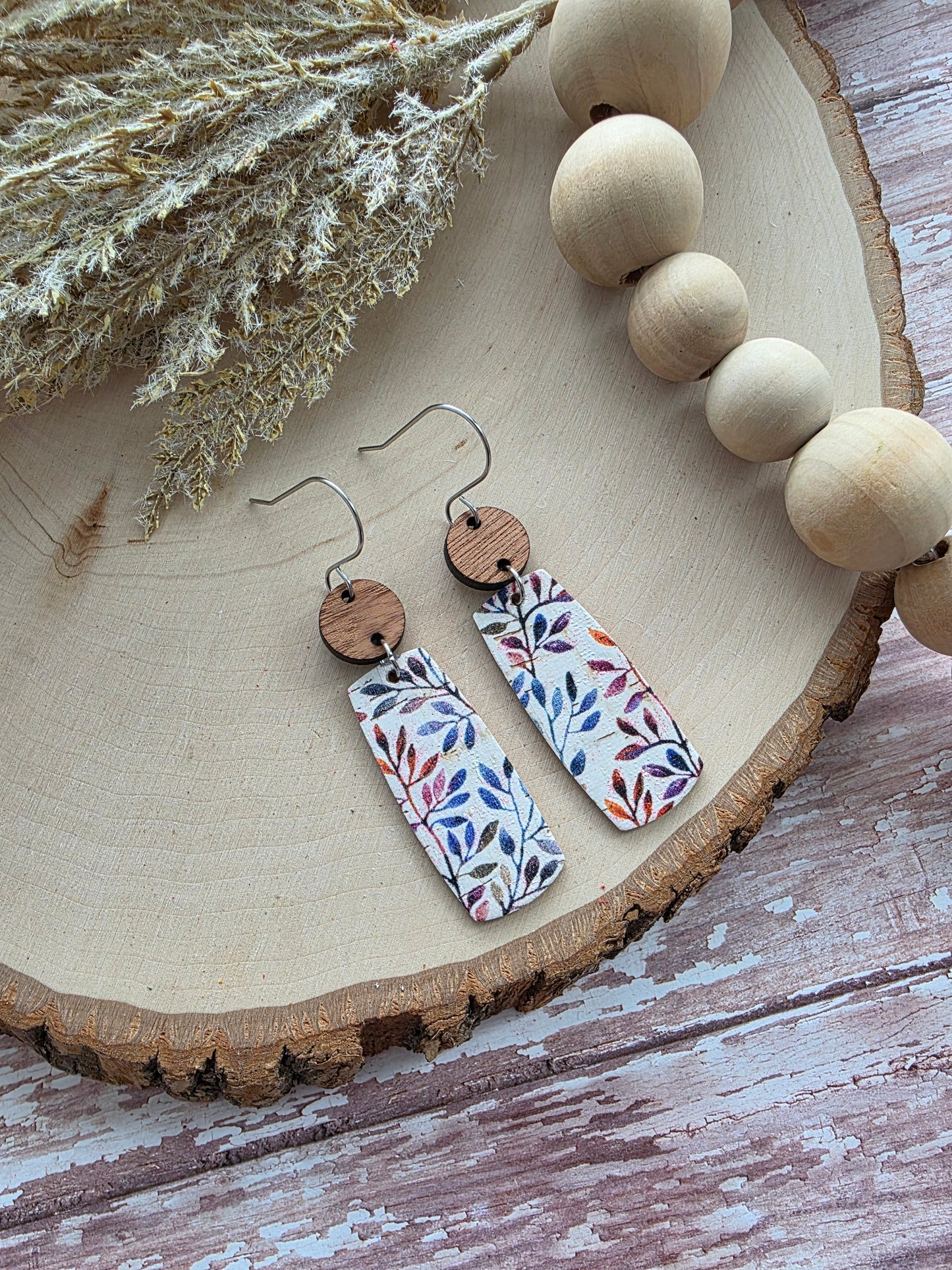 Autumn Willow Branch Floral Bar Leather Earrings