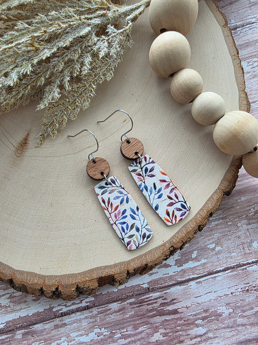 Autumn Willow Branch Floral Bar Leather Earrings
