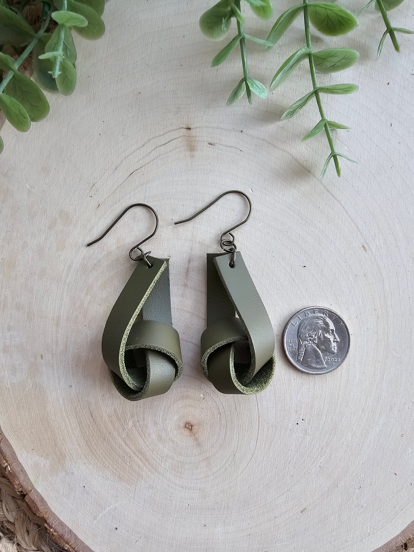 Olive Green Leather Wide Knot Earrings