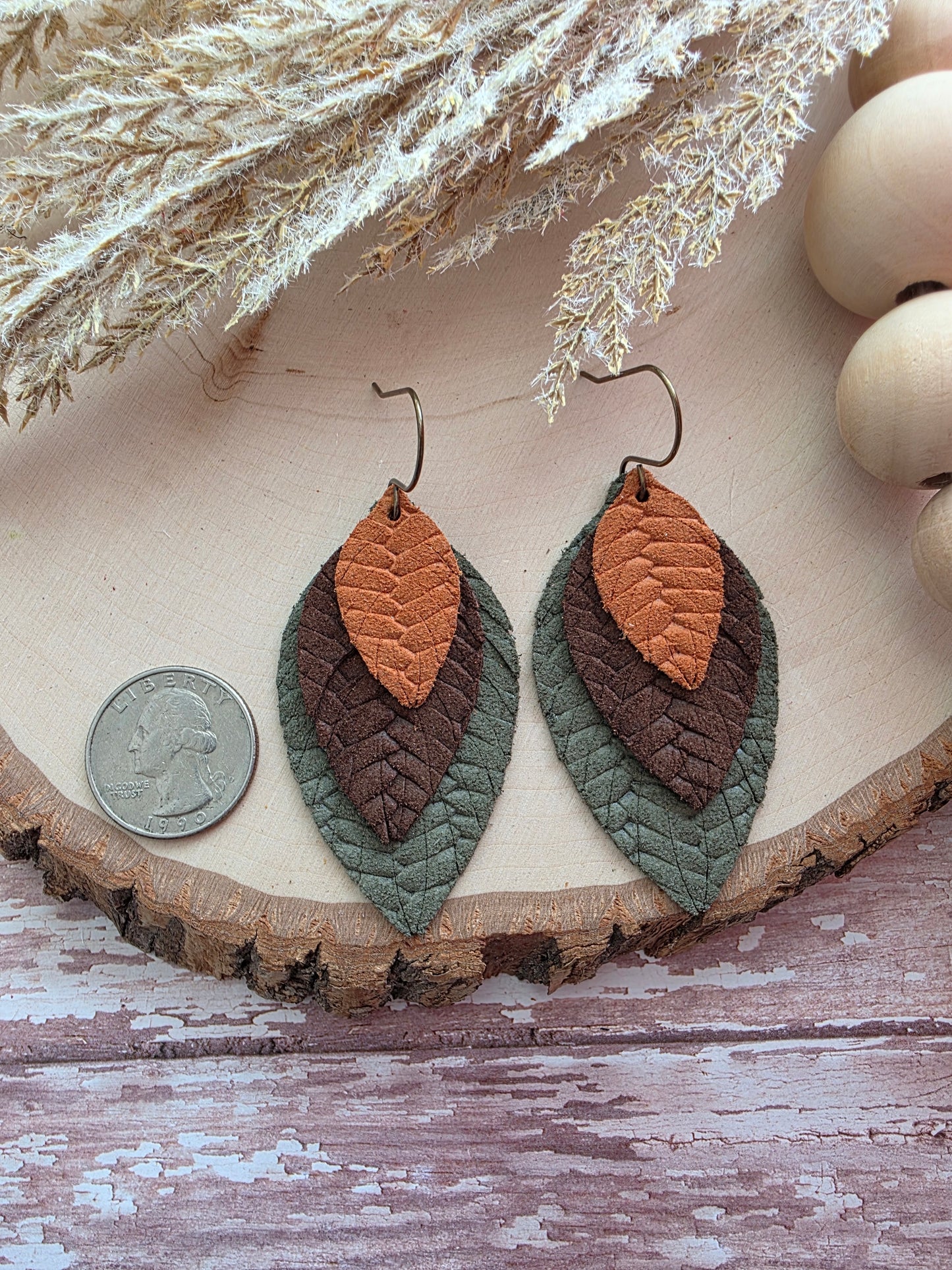 Green & Brown Layered Fringe Feather Earrings