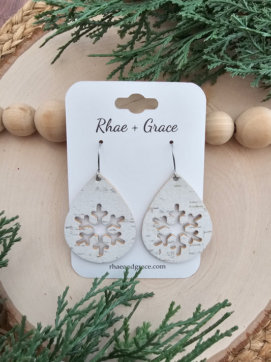 White Birch Snowflake Cutout Teardrop Earrings