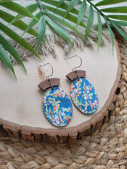 Blue Summer Floral Oval Earrings