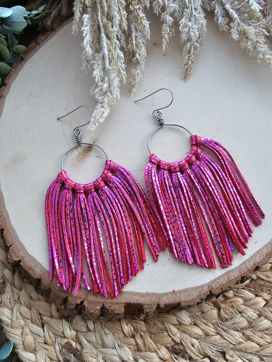 Metallic Pink Fringe Statement Earrings