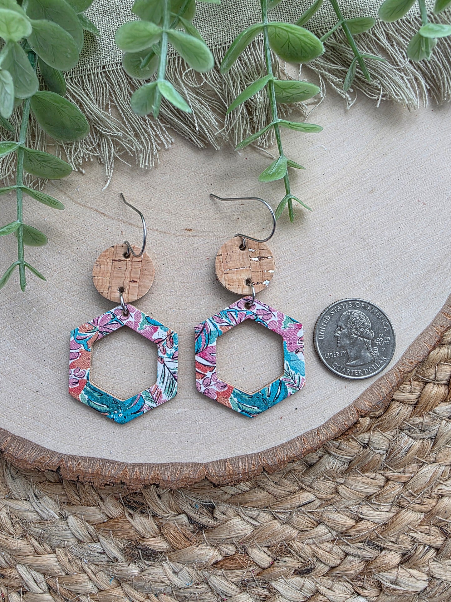 Tropical Monstera Hexagon Cutout Earrings