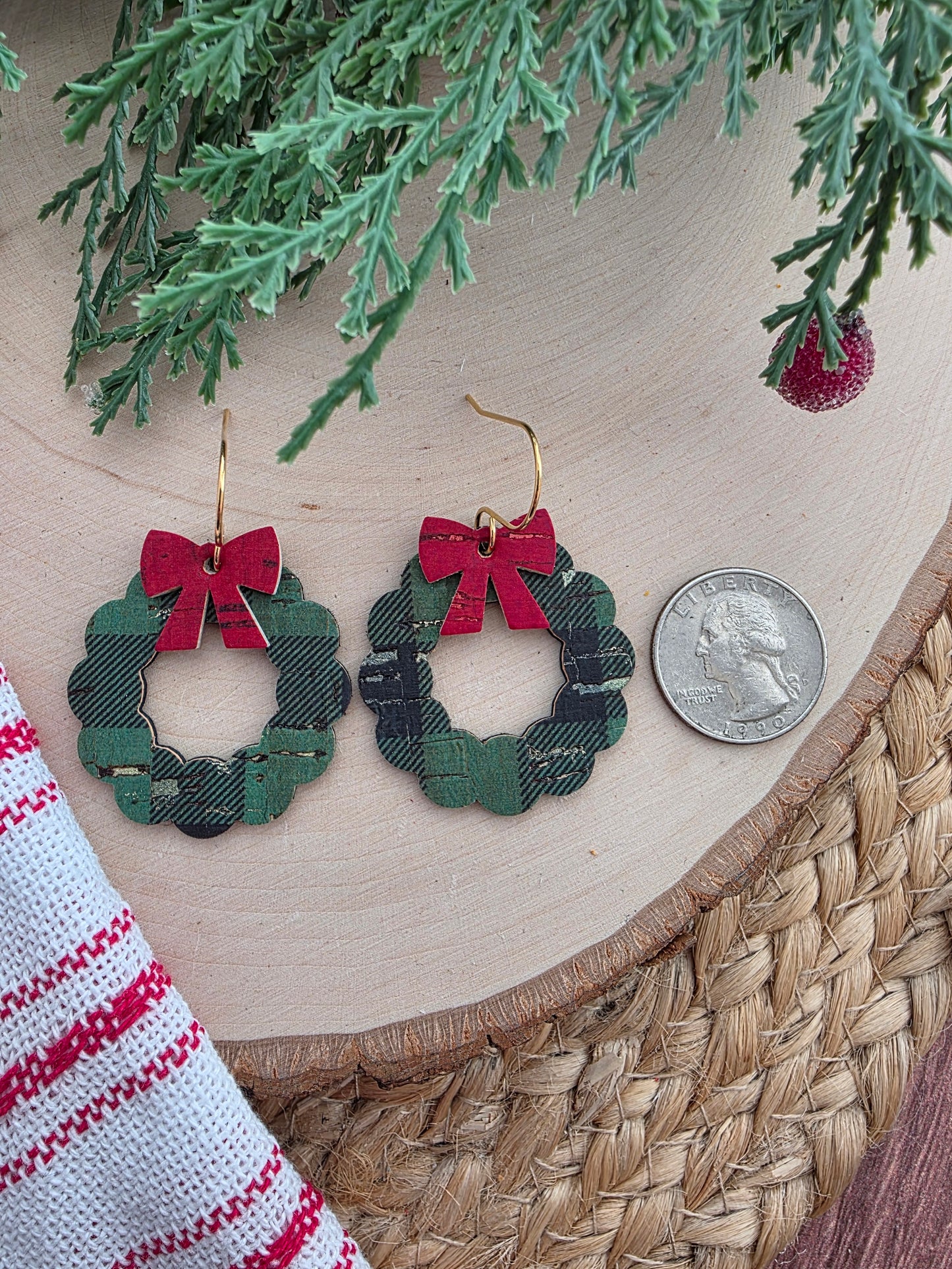 Green Buffalo Plaid Christmas Wreath Earrings