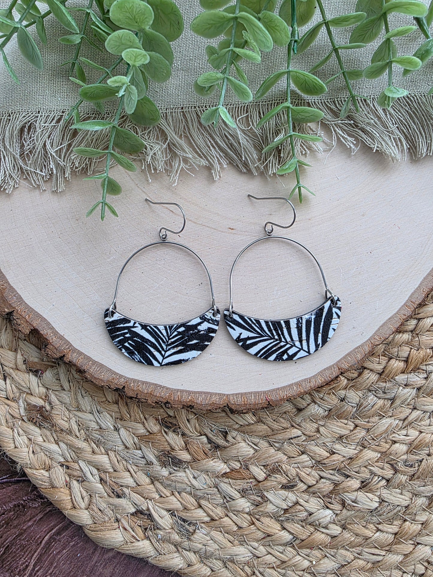 Monochrome Palms Crescent Hoop Leather Earrings