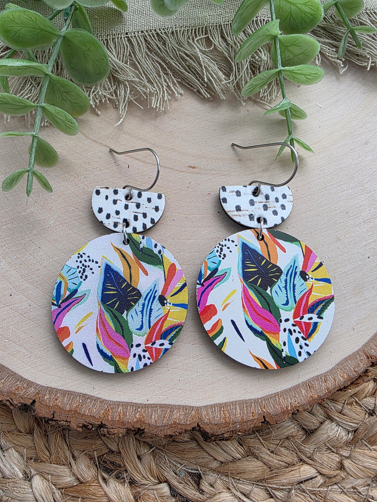Colorful Tropical Floral Circle Earrings - Black & White Spotted