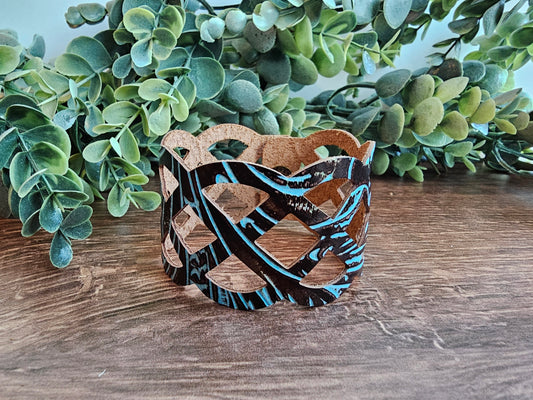 Turquoise & Brown Tooled Lattice Leather Bracelet