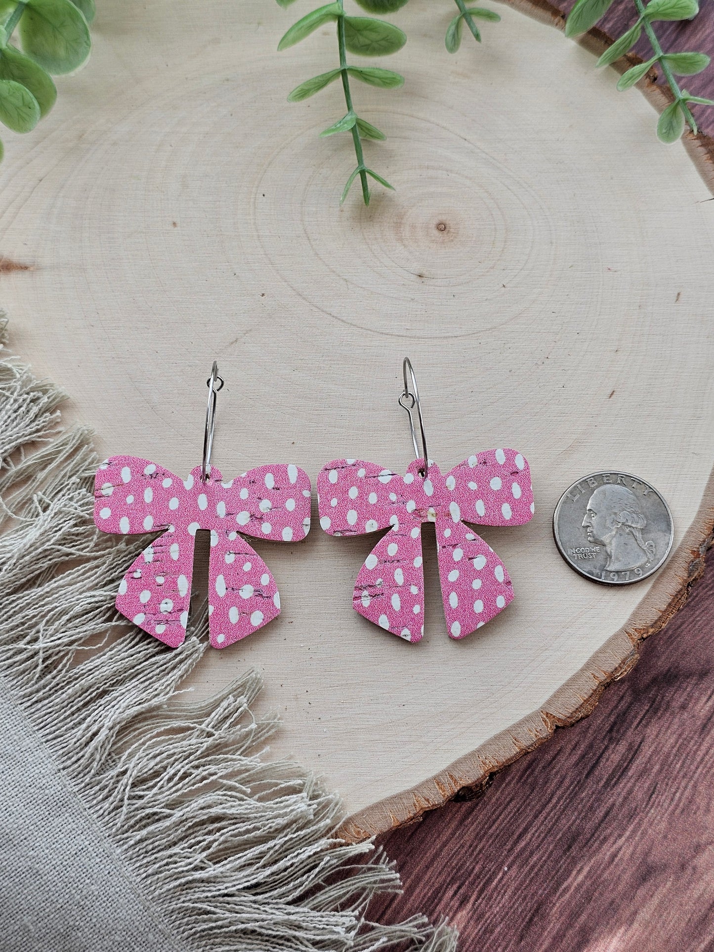 Pink & White Dotted Bow Earrings