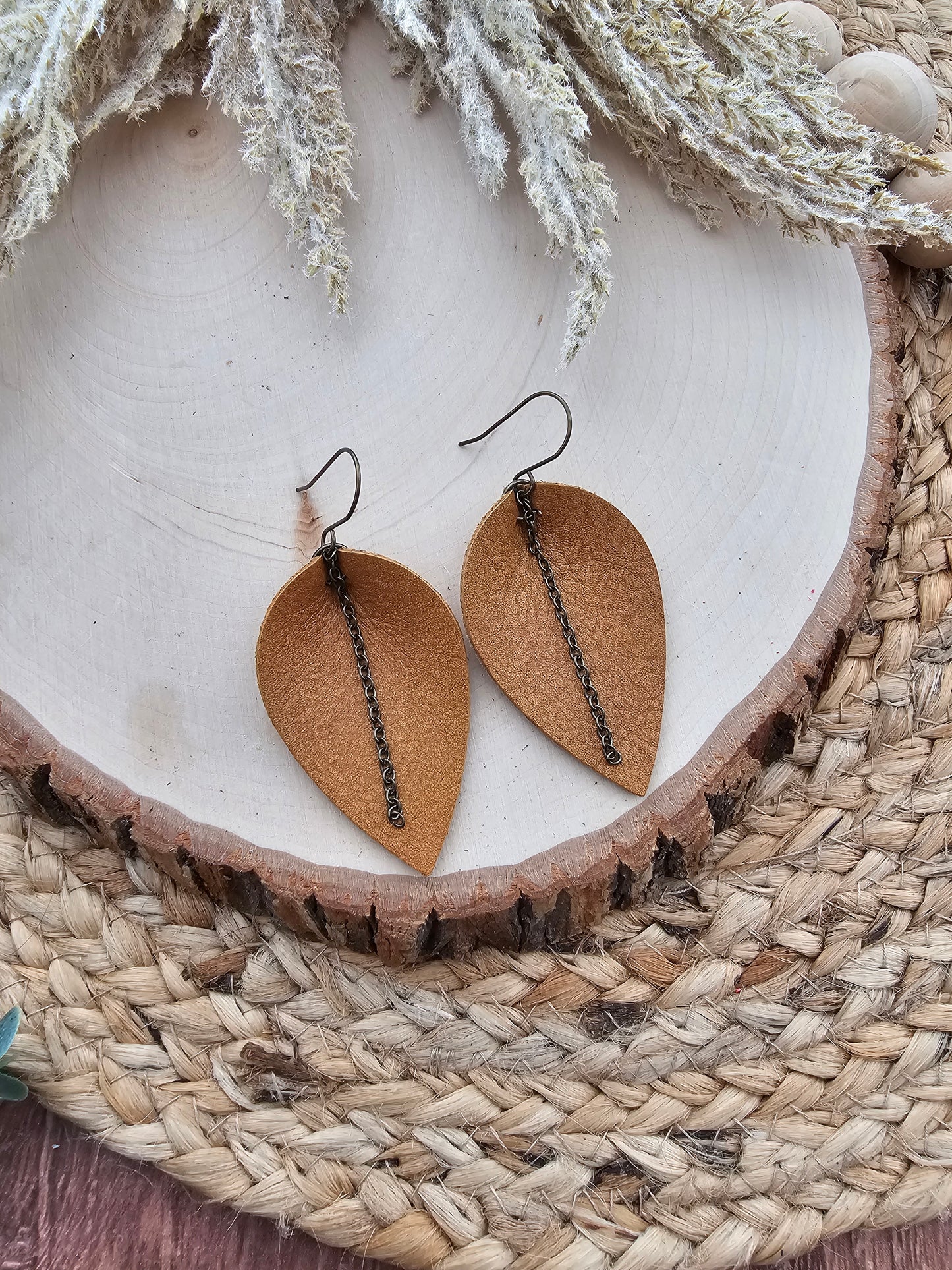 Honey Brown Chain Pinched Petal Earrings - Large (2.5")